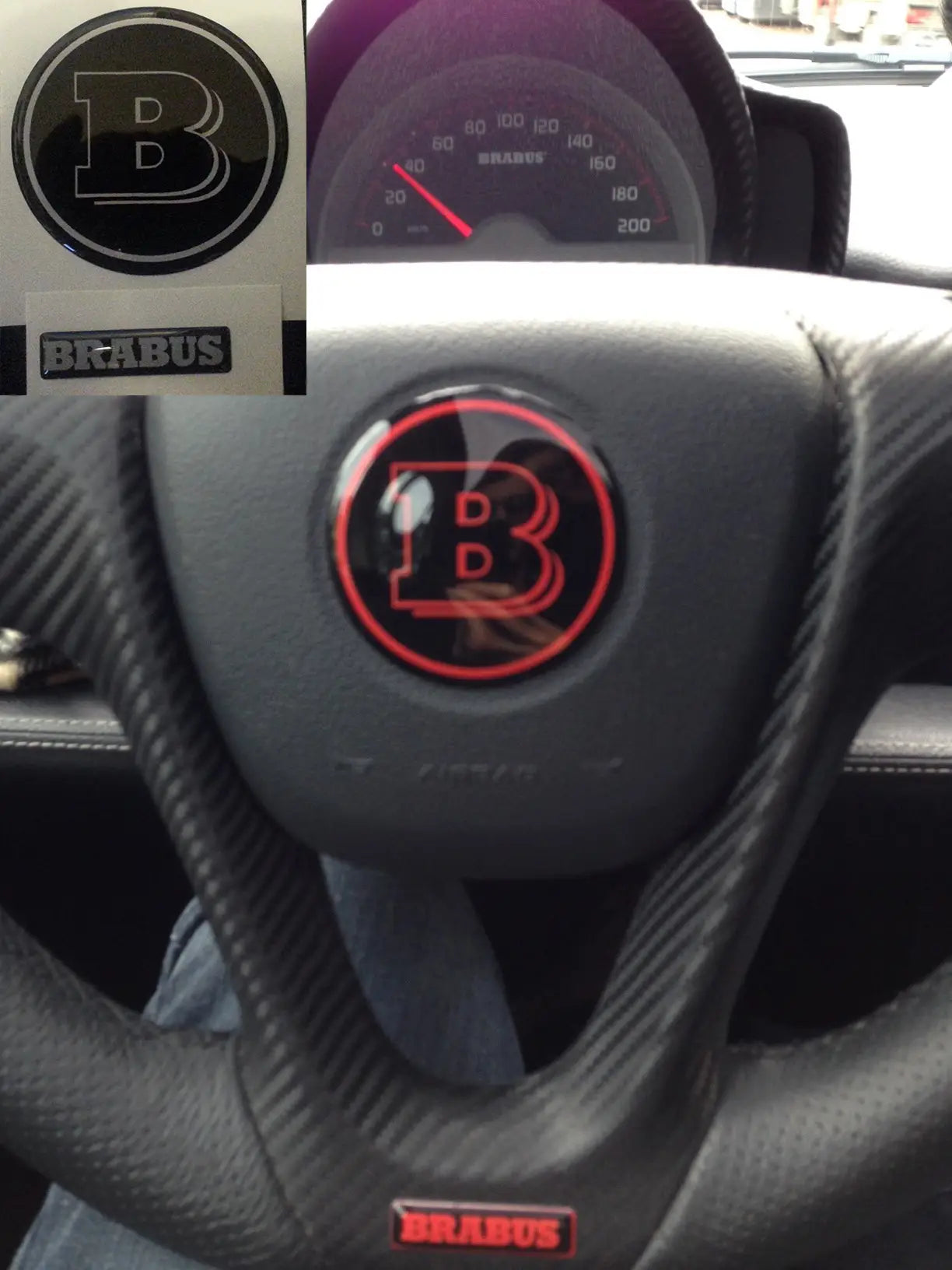 2 Adesivi Resinati 3D Logo Brabus fondo nero per volante 451.... Misure 57mm 60mm (Rotondi) / 1*4 cm